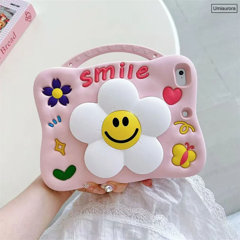 For IPad Mini 7th 8th 9th 10.2 10th Gen 10.9 Air 3 4 5 6 9.7 Pro 11 inch M4 Tablet Case Kids Cartoon Handle Stand Silicon Cover