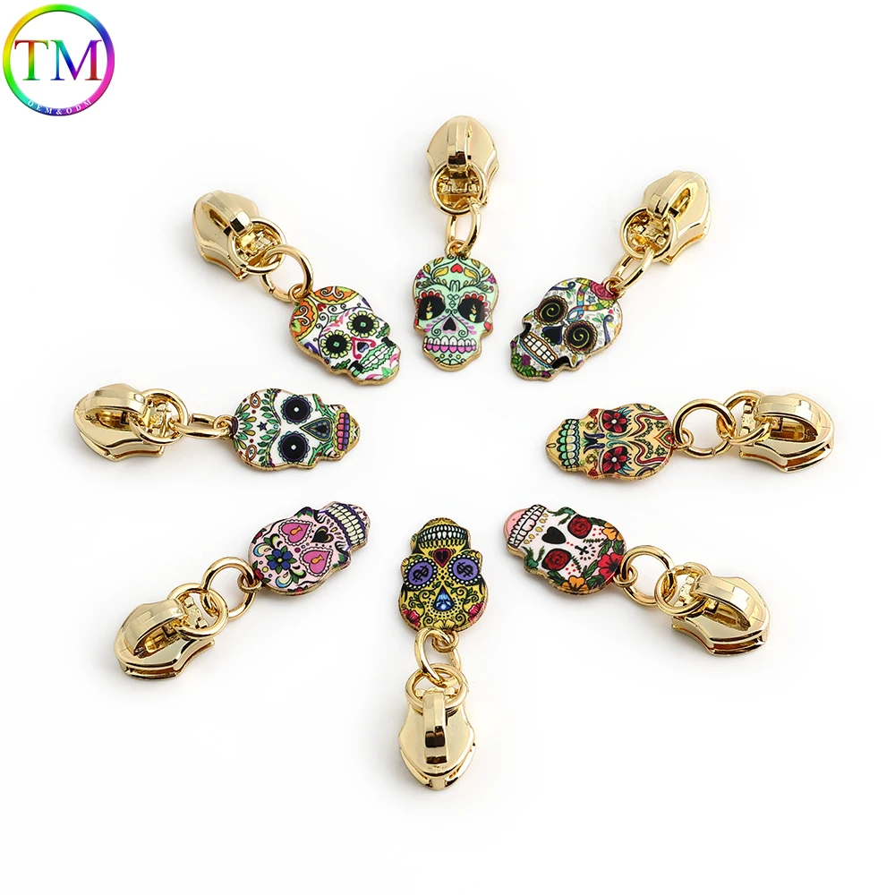 20/50/100Pcs Enamel Skull 5# Zipper Slider For Nylon Zipper Tapes Bag Zipper Pulls Purse Pocket Zip Sliders Repair For Halloween