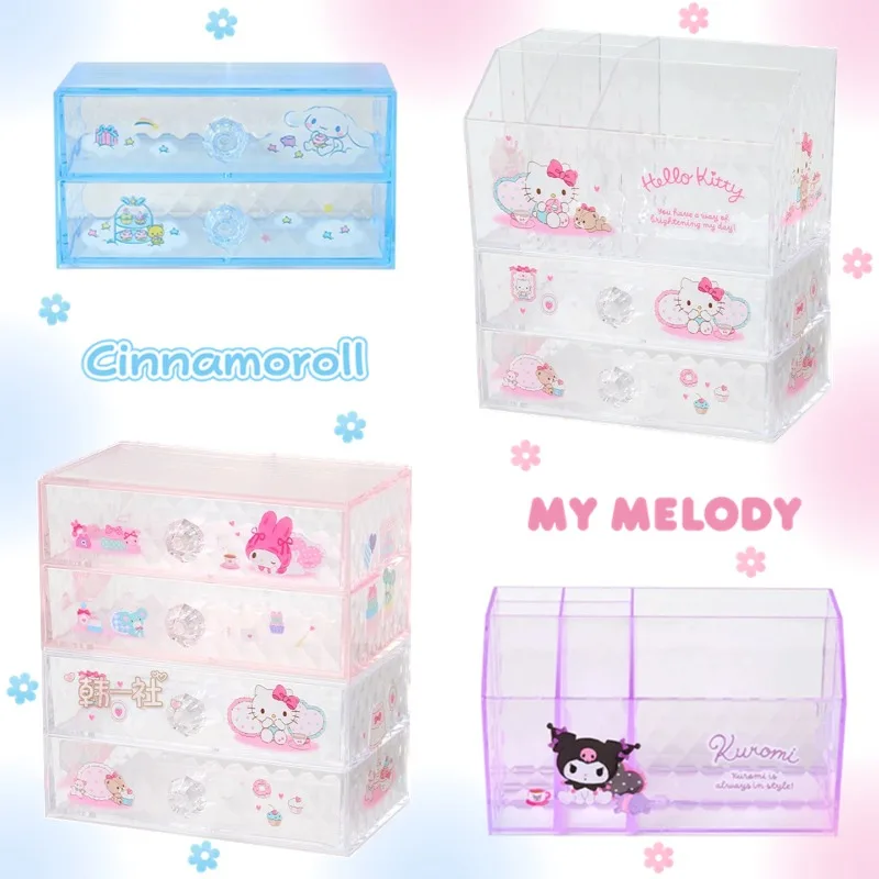 

Оригинальный настольный ящик для хранения Sanrio с ромбовидным узором Kitty Melody и Kuromi Cinnamoroll, прозрачные ящики для хранения в стиле аниме
