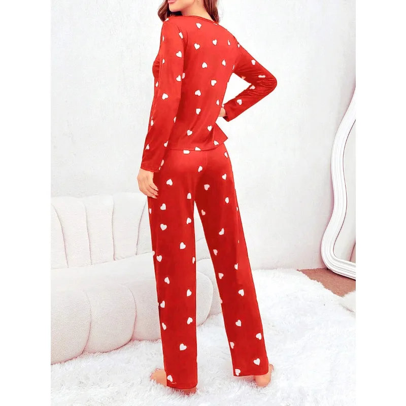 Women\'s Pajamas Casual Love Print Round Neck Long Sleeve Long Pants Fall and Winter Comfortable Set Girl Sleepwear Homewear