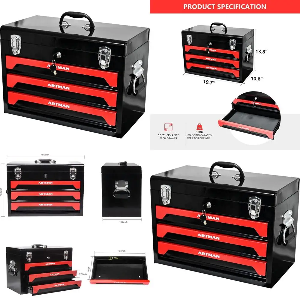 

Secure Lockable Metal Tool Box with 3 Drawers, EVA-Lined Slides, Top Tray, Red