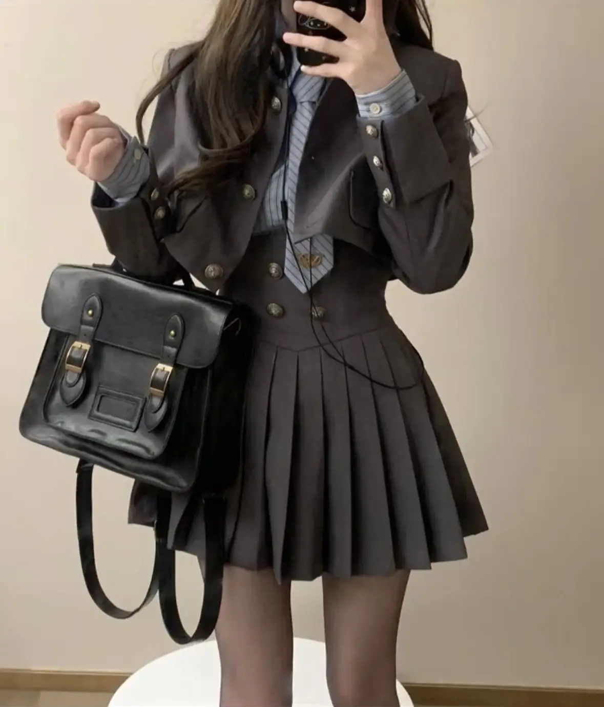 Spring 2024 Preppy Style American Uniform Set Girls Short Suit Coat Long Sleeve Striped Shirt Slim High Waist Pleated Skirt Grey