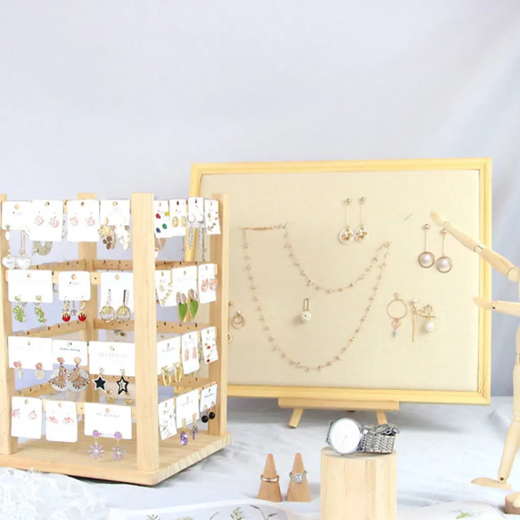 Rotating Wood Earrings Holder Necklace Stand 4 Side Organizer for