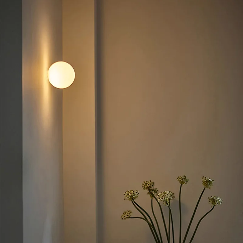 Nordic Glass Ball LED Wall Lamp Concealed Base Milky White Dome Sofa Background Decor Balcony Aisle Porch Bedroom Bedside Light