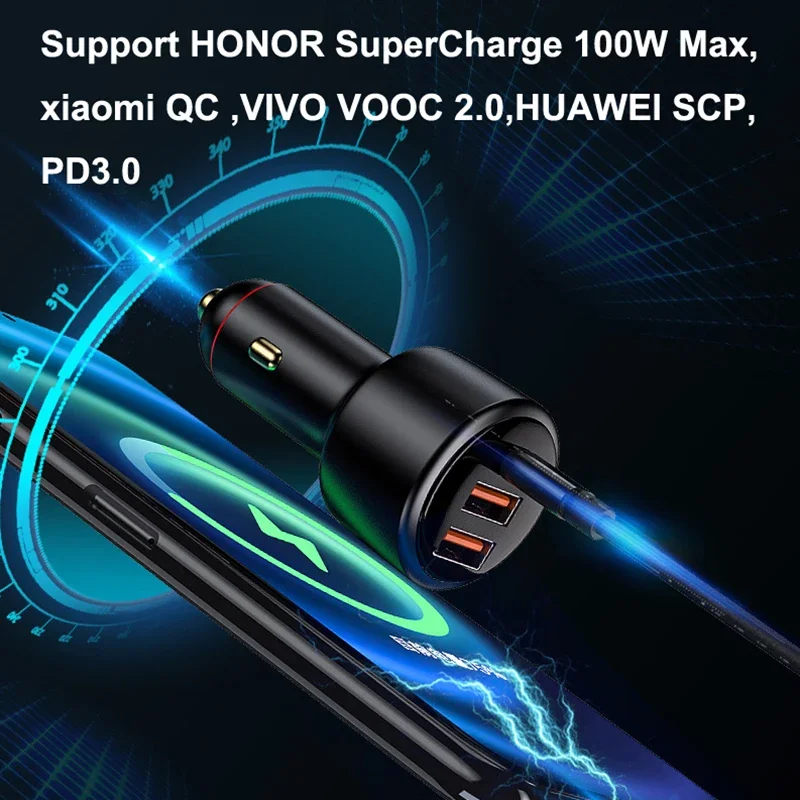 200W Usb Pd Autolader 3Port Super Snelle Charger2.0 100W 65W Supercharge QC3.0 Voor Honor Xiaomi vivo Huawei Iphone 14 13Pro