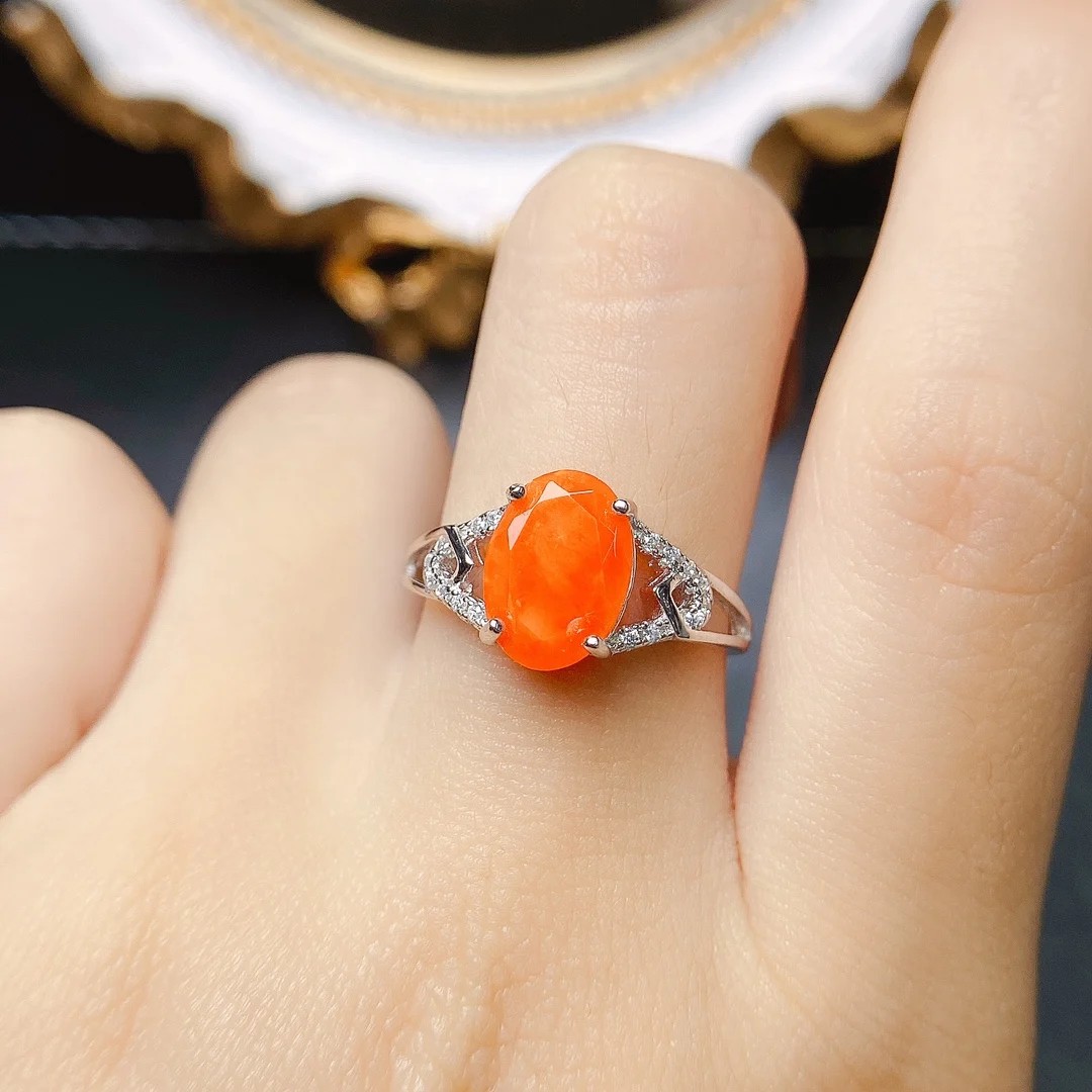 Oval 8x10mm Natural Orange Fire Opal Silver Ring in 925 Sterling Silver Engagement Promise Anniversary Rings For Women Gift