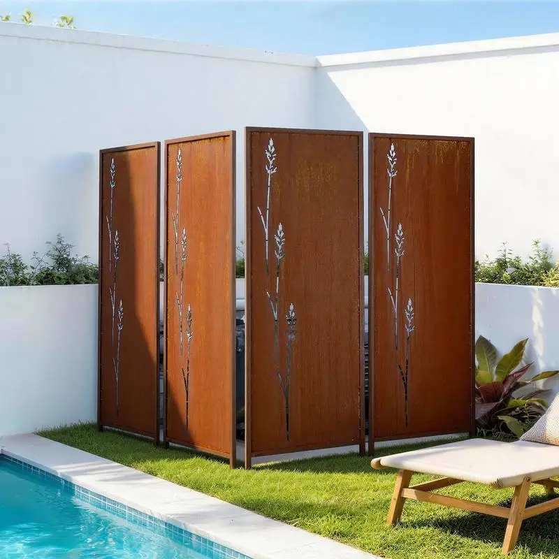 Paravent 50x160 cm, lot de 4, séparateur d'espace, cloison avec piquets et plaque en acier au carbone, écran de protection, cloison décorative pour jardin, terrasse, cour, balcon
