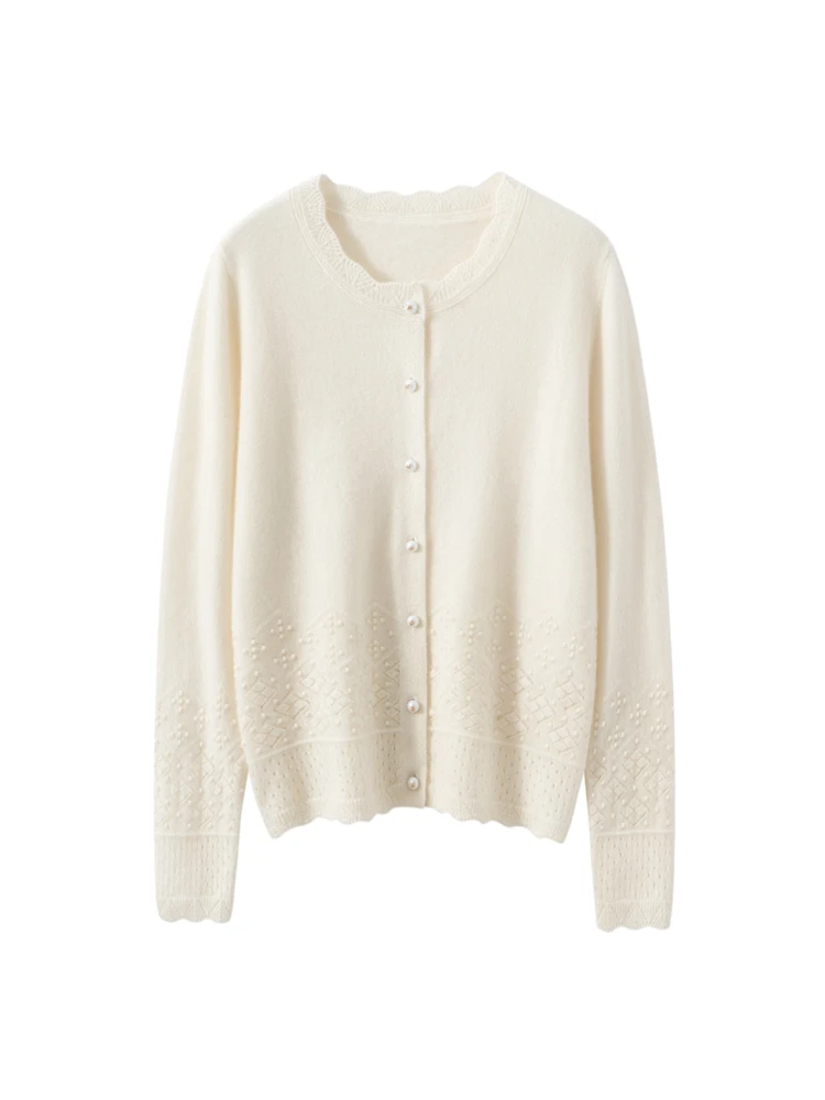 

Exquisite Hollow Out Cardigan Sweater Long Sleeves O-Neck Autumn Winter 100% Cashmere Soft Warm Women's Knitted Clothing Tops