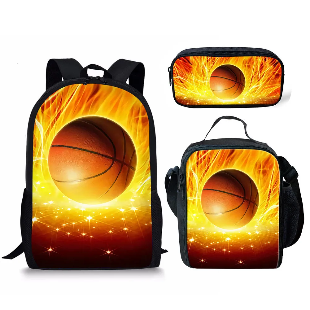 Cartoon Ice fire Basketball ball 3pcs/Set Backpack 3D Print School Student Bookbag Anime Laptop Daypack Lunch Bag Pencil Case