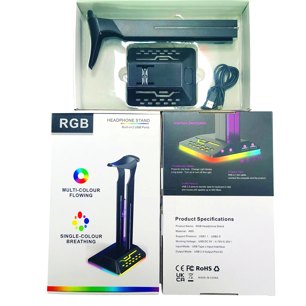 RGB Headphone Stand Rack RGB Universal Rack Hanger Bracket 2 USB Ports PC Desktop Earphone Holder for All Headsets Gamers Gaming