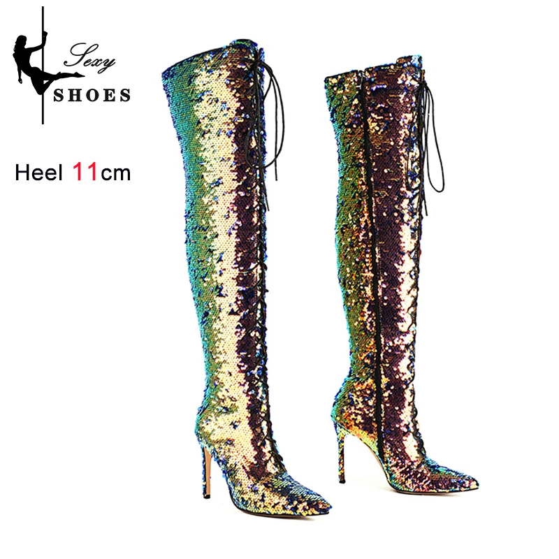 

Over The Knee Glitter Boots For Women Autumn Winter Warm Party Shoes Sequins Pointed Toe Stiletto Heels Night Club Female Boots