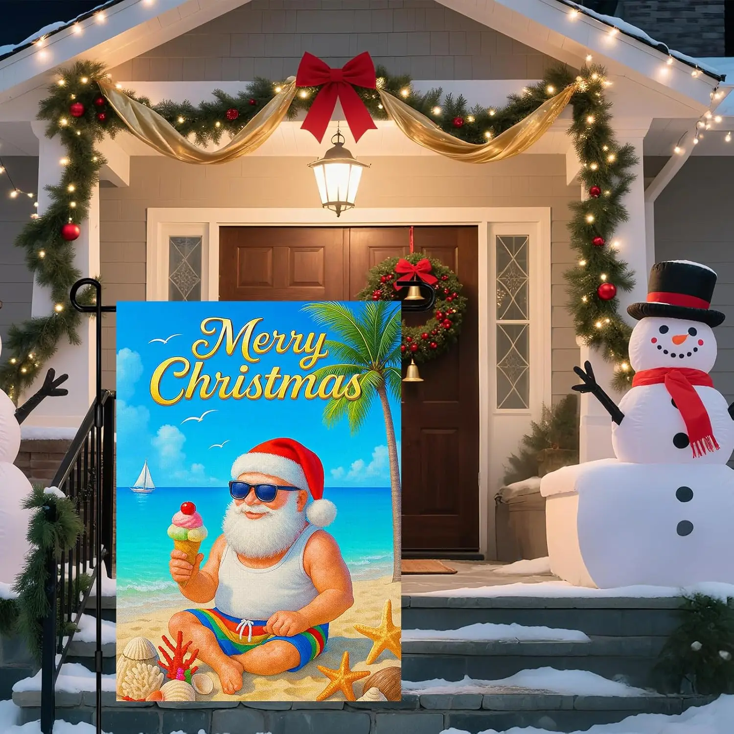 IVN Christmas Santa Garden Flag 12x18 Inch Double Sided Beach Holiday Outdoor Yard Flag for Home Front Door Lawn Porch Summe SSL