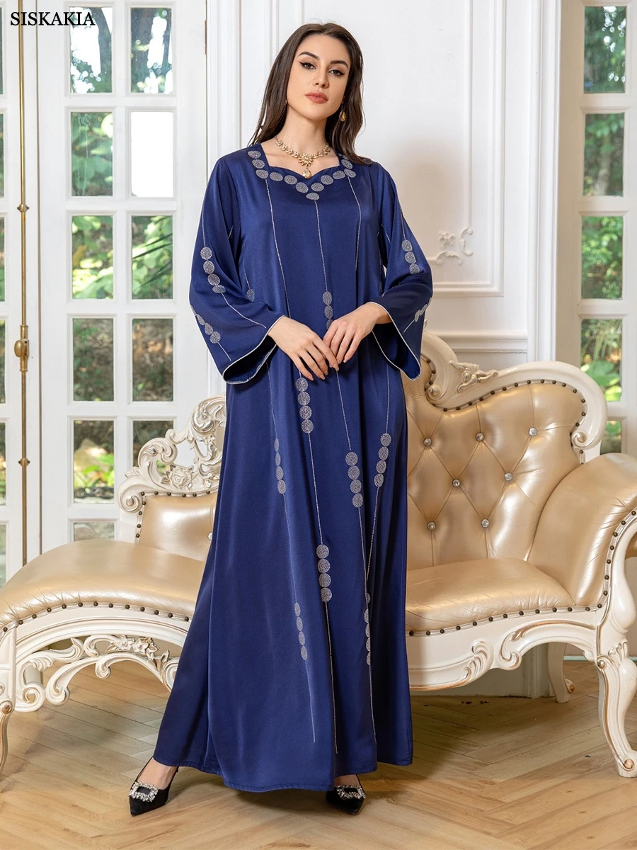 Siskakia Muslim Eid Women Abayas Fashion Satin Diamonds Long Dresses Turkish African Kaftan Clothing Moroccan Casual Kebaya 2024