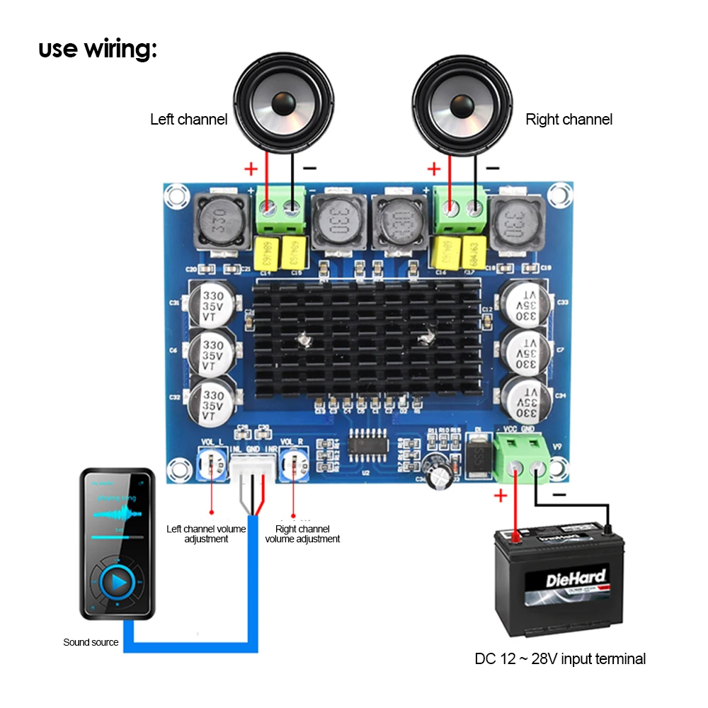 TPA3116D2 2x120W Amplifier Board, DC12-26V Dual Channel Stereo Audio Module 12V 24V Amplificador Sound Board for Car/DIY Systems