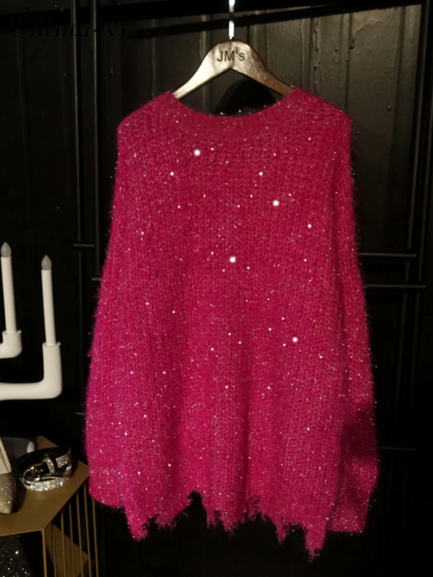 

Fashion Bright Silk Shiny Knitted Top 2023 Autumn Winter New Korean Style Loose Slim Fit Sweet Pullover Ripped Sweater Women