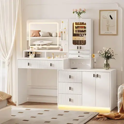 59" Large Vanity Desk with Mirror and Lights,White Makeup Vanity Table with Jewelry Cabinet & 7 Drawers,Modern Dressing, Custom