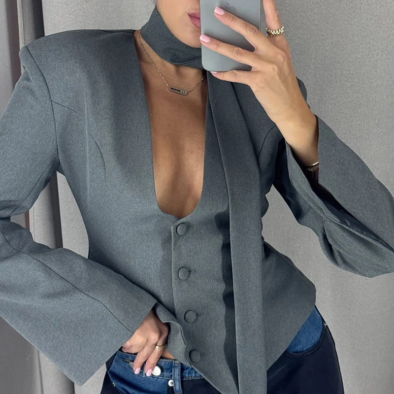 Tornova V Neck Scarf Blazer Coat For Women Long Sleeve Casual Commuting Suits Coat 2025 Fashion Buttons Slim Short Outwear Lady