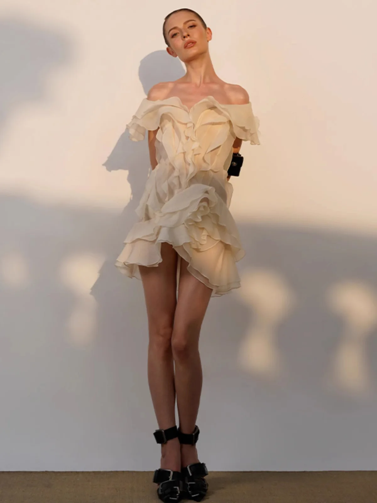 Slim Fit oulder Bared ort Sve V-Ne Floral Em Camadas Pétala Dr Cintura Alta Fibra de Poliéster Temporada de Verão Casual Dr