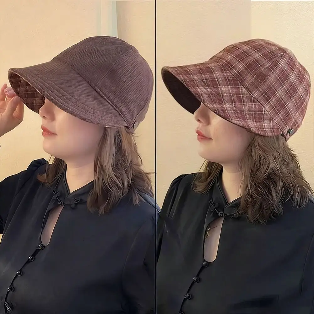 Retro Double-side Equestrian Hat Wide Brim Adjustable Peaked Cap Breathable Checkered Hat for Women