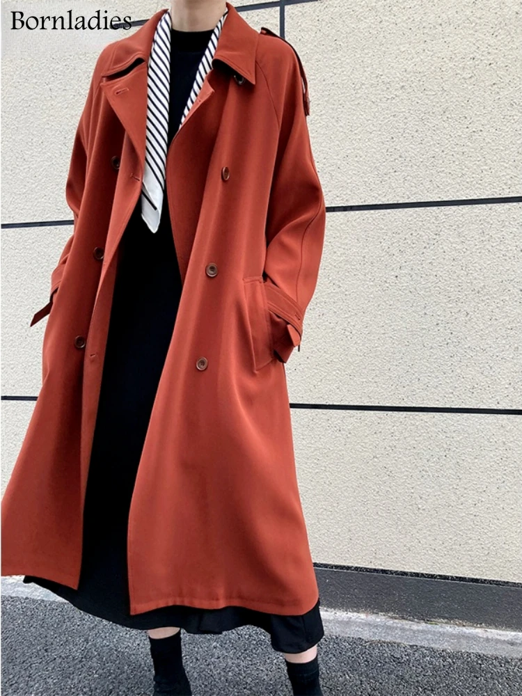 Bornladies 2022 Autumn Oversized Women Trench Coat Elegant Full Sleeve Belted Female Overcoat Double-breasted Long Women Jacket