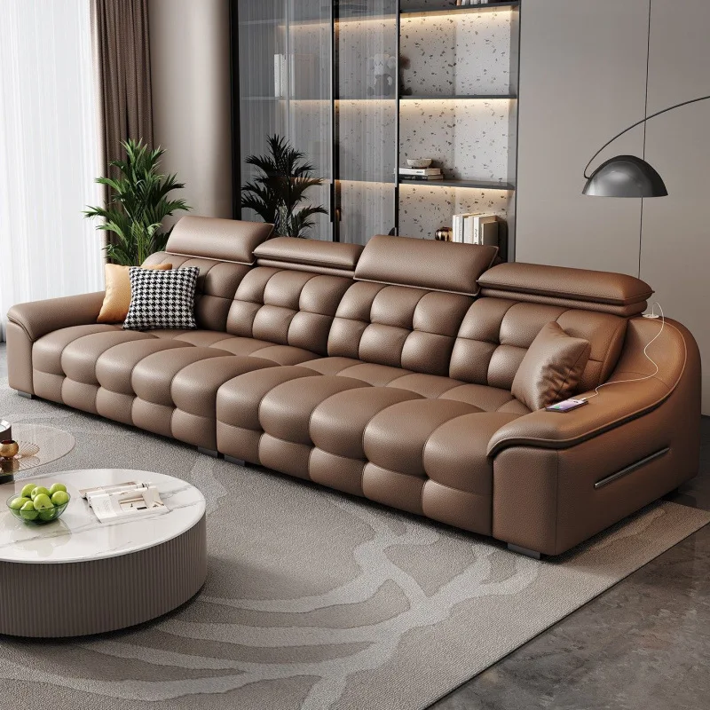 Leather sofa Cowhide living room high backrest straight sofa