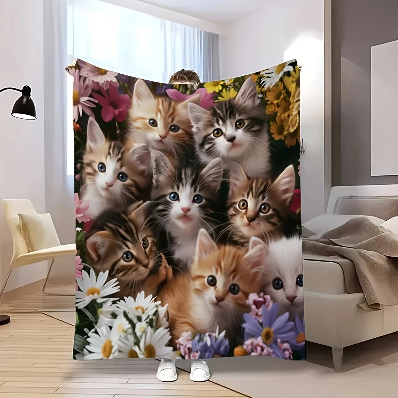

Флисовое одеяло с кошачьим принтом, теплое, пледы с ярким дизайном котенка для дивана, офиса, спальни, подарочный декор