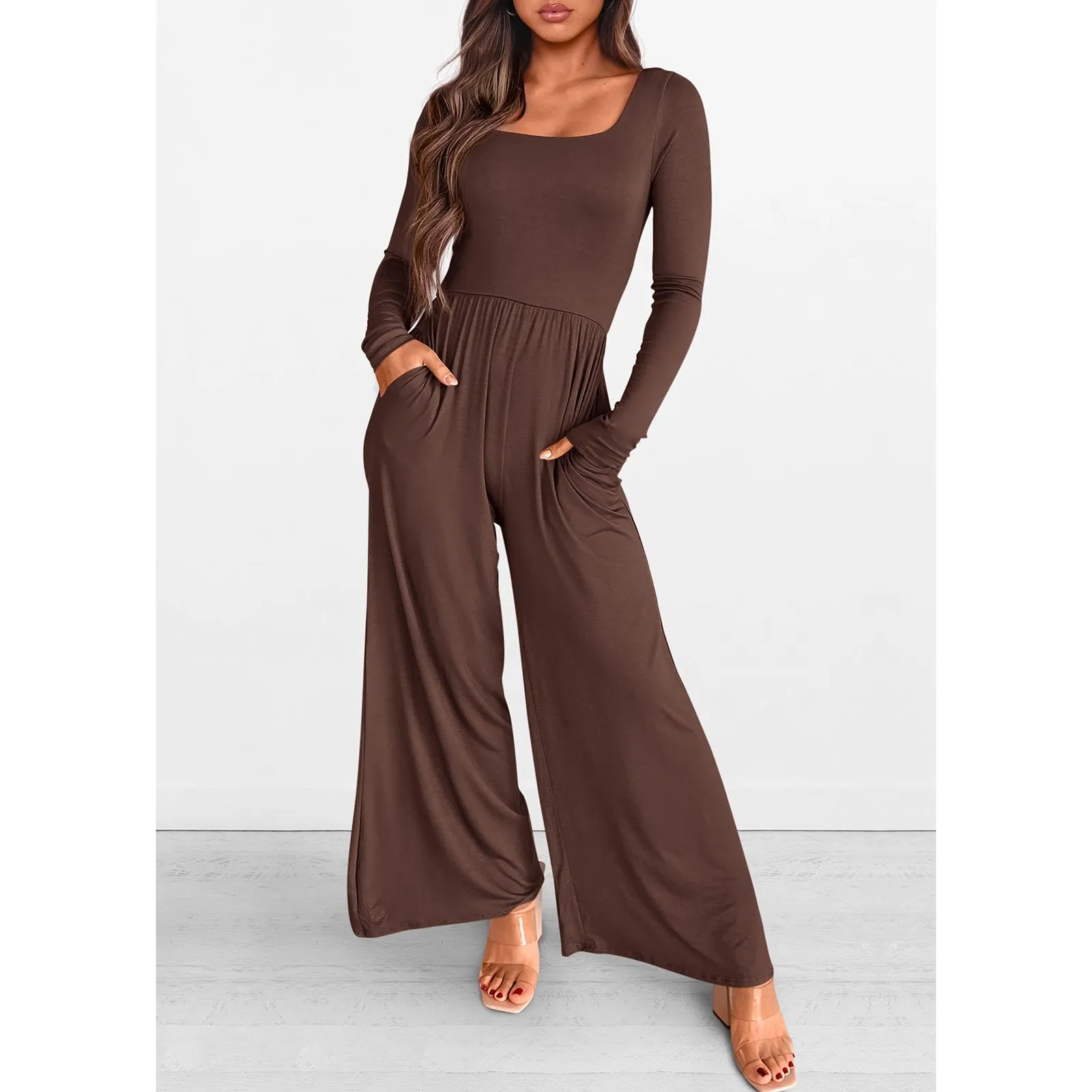 2024 Spring New Style High Waist Pleated Jumpsuit Women's Solid Color Square Neck Long Sleeve Commute Daily Wide Leg Long Pants