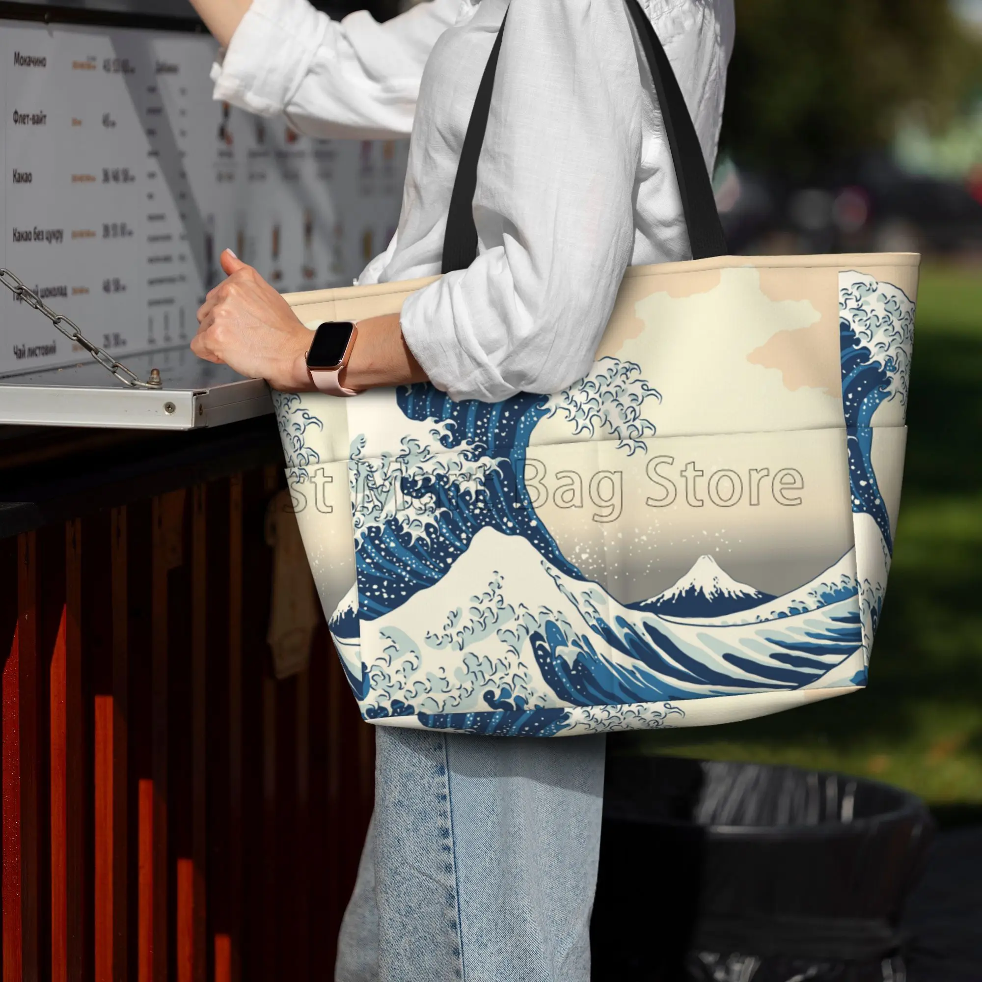 Japanes Sea Waves Large Capacity Beach Travel Bag Women Foldable Tote Bag Pool Bags for Travel Vacation Gym Swim