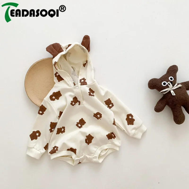 

Adorable Cartoon Bear Hooded One-Piece Bodysuit For Baby Girls Boys Full Sleeve Toddler Infant Sweatshirt+Pants Kids Set 0-3Y