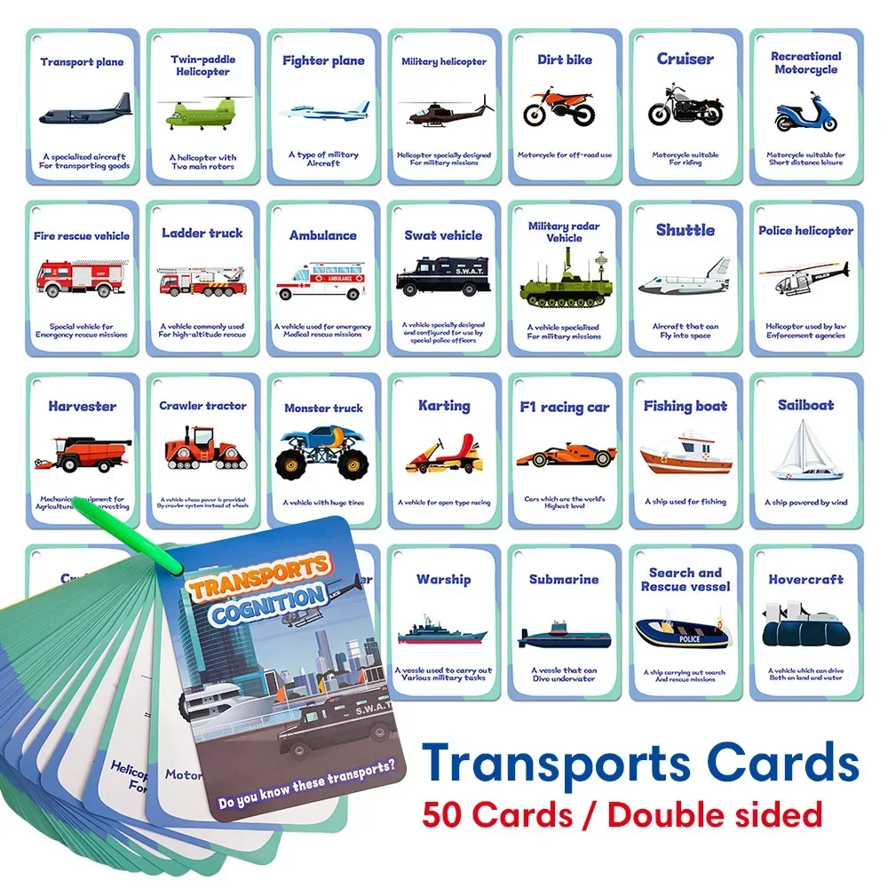 

Transportation Themed 50 Pcs English Learning Flashcards with Storage Rings Traffic Signs Cards for Children's Early Education
