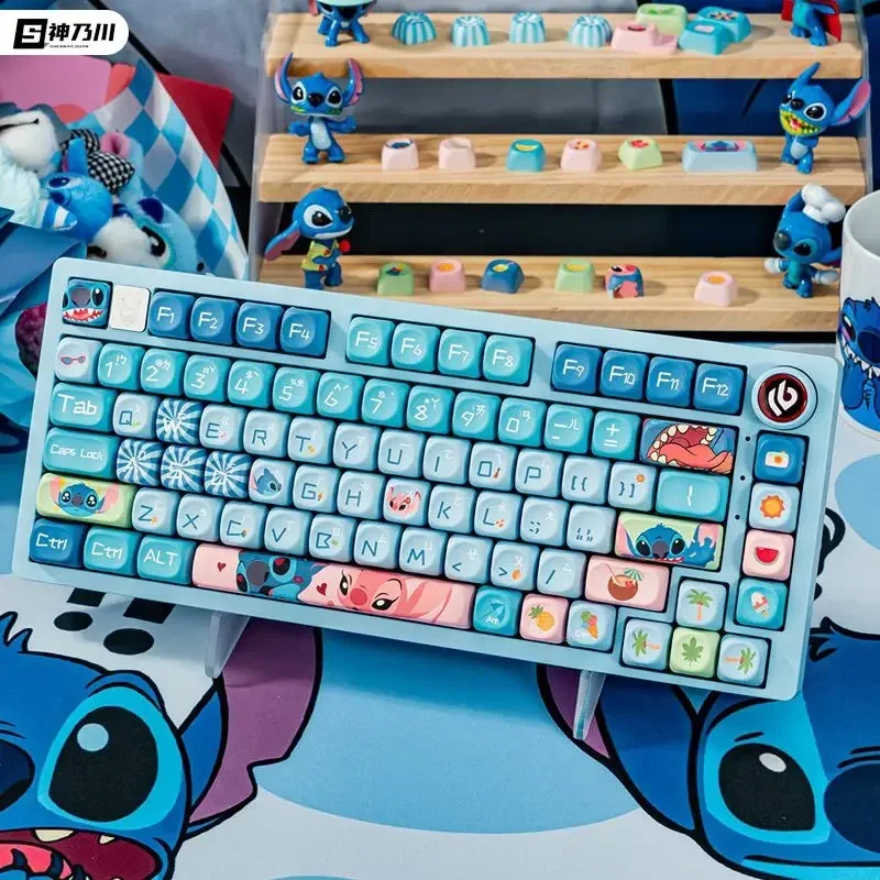 أغطية مفاتيح على شكل نجمة لطيفة من Disney Stitch كاواي إبداعية باللون الأزرق السميك من مادة PBT مجموعة كاملة من أغطية المفاتيح هدية العيد الشخصية
