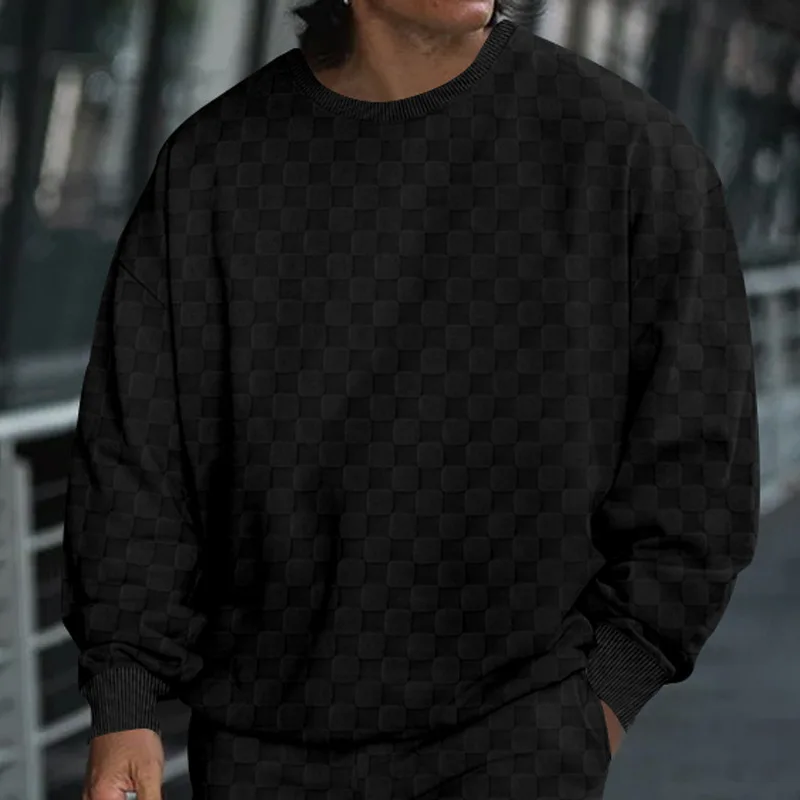 Cross-border men\'s clothing autumn and winter heavy jacquard checkerboard round neck casual bottoming shirt knitted long sleeves