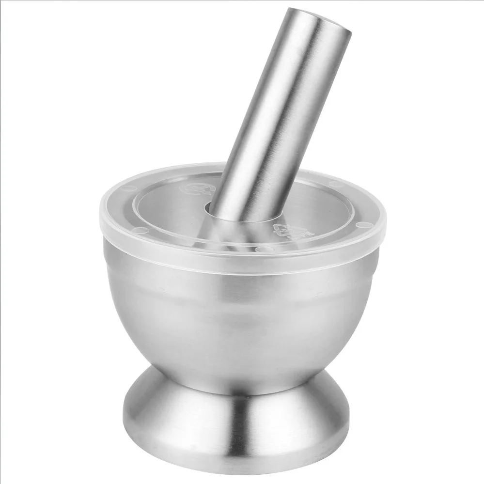 Kitchen Mortar & Pestle Set Stainless Steel Spice Grinder Pill Crusher Molcajete Herb Bowl Pesto Powder with Lid Anti Slip Base