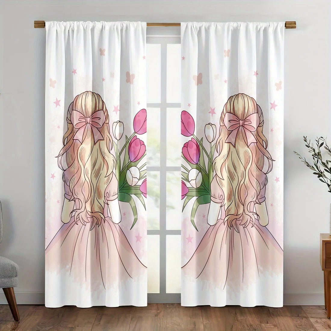 Boho Floral Princess Curtain Pair for Bedroom Window Home Decor Aesthetic Curtain Panels