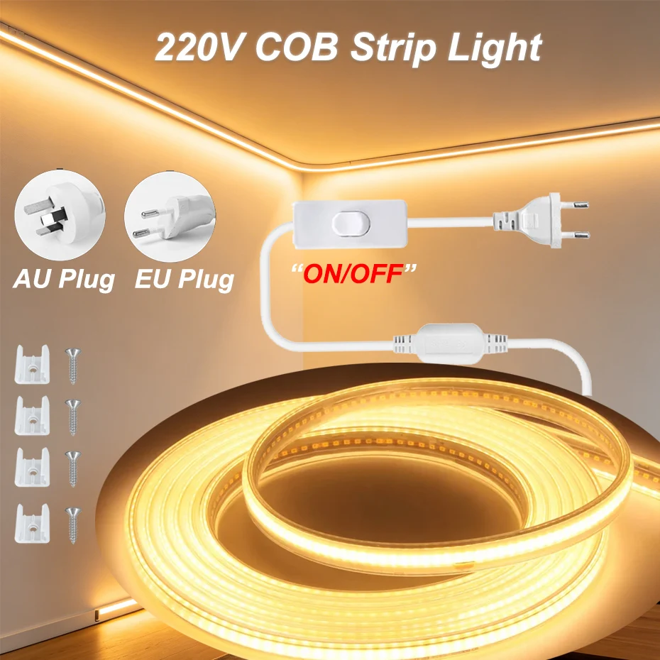 

220V COB LED Strip 288LEDs/m IP65 Waterproof Flexible Ribbon with EU/AU Switch Plug for Indoor Security Emergency Lighting