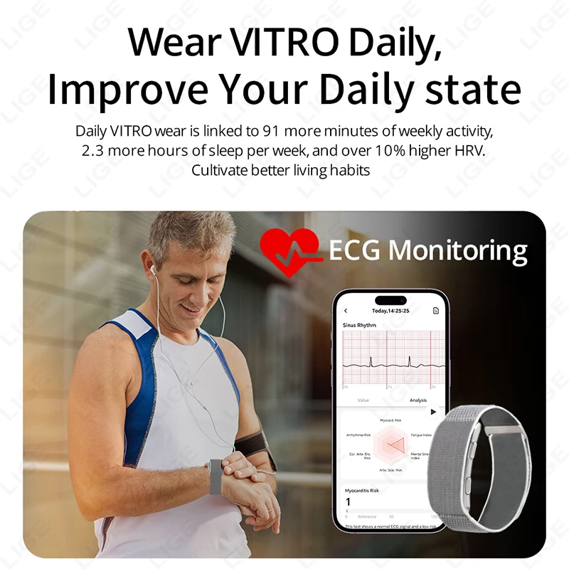 LIGE جديد ECG سوار ذكي معدل ضربات القلب الأكسجين في الدم مقاوم للماء عمر البطارية الطويل لا شاشة الرياضة اللياقة البدنية مراقبة الساعات الذكية