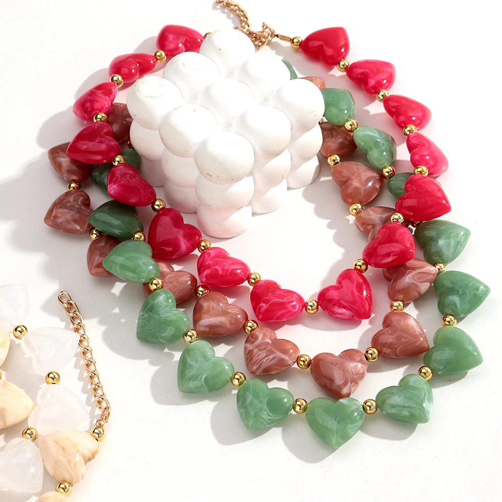 Nette Acryl Herz Perlen Halsband Halskette für Frauen Harz Geometrische Herz-förmigen Perlen Kragen Halsketten Mädchen Party Schmuck Geschenk – Detail 5