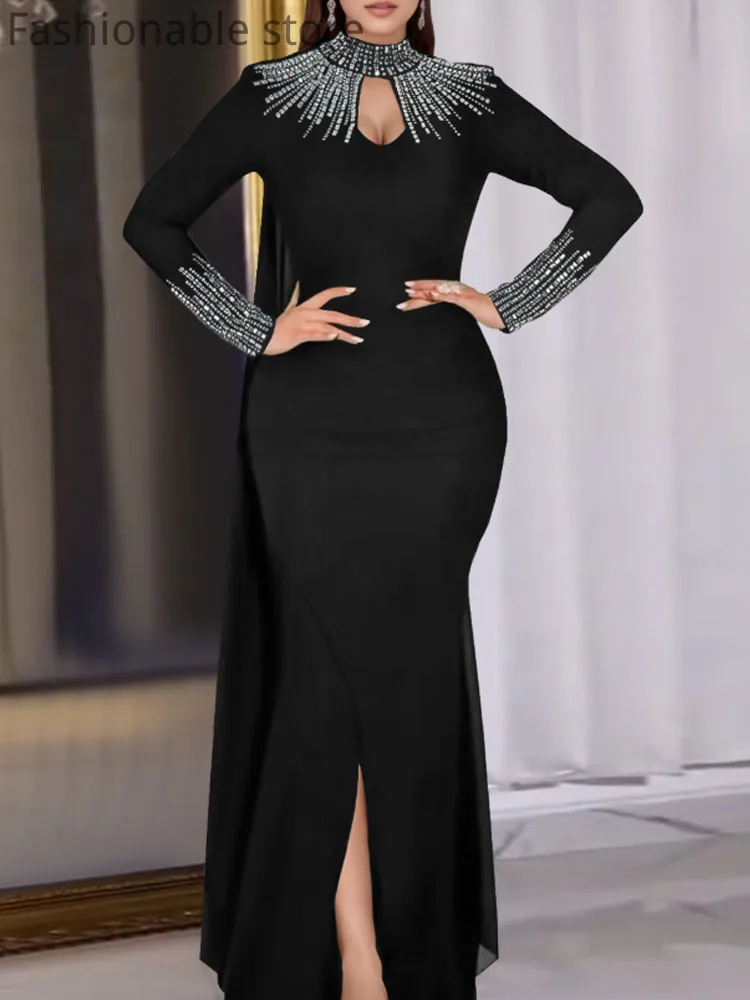 

Women's Sexy Rhinestone Decor Long Sleeve Hollow Out Floor-length Party Dress