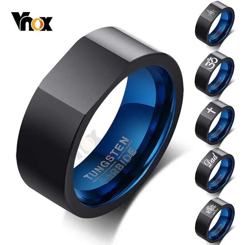 Vnox Personalzied 8mm Tungsten Ring for Men Square Top Life Tree Cross Engraved Black Qualified Wedding Band Casual Gents Gift