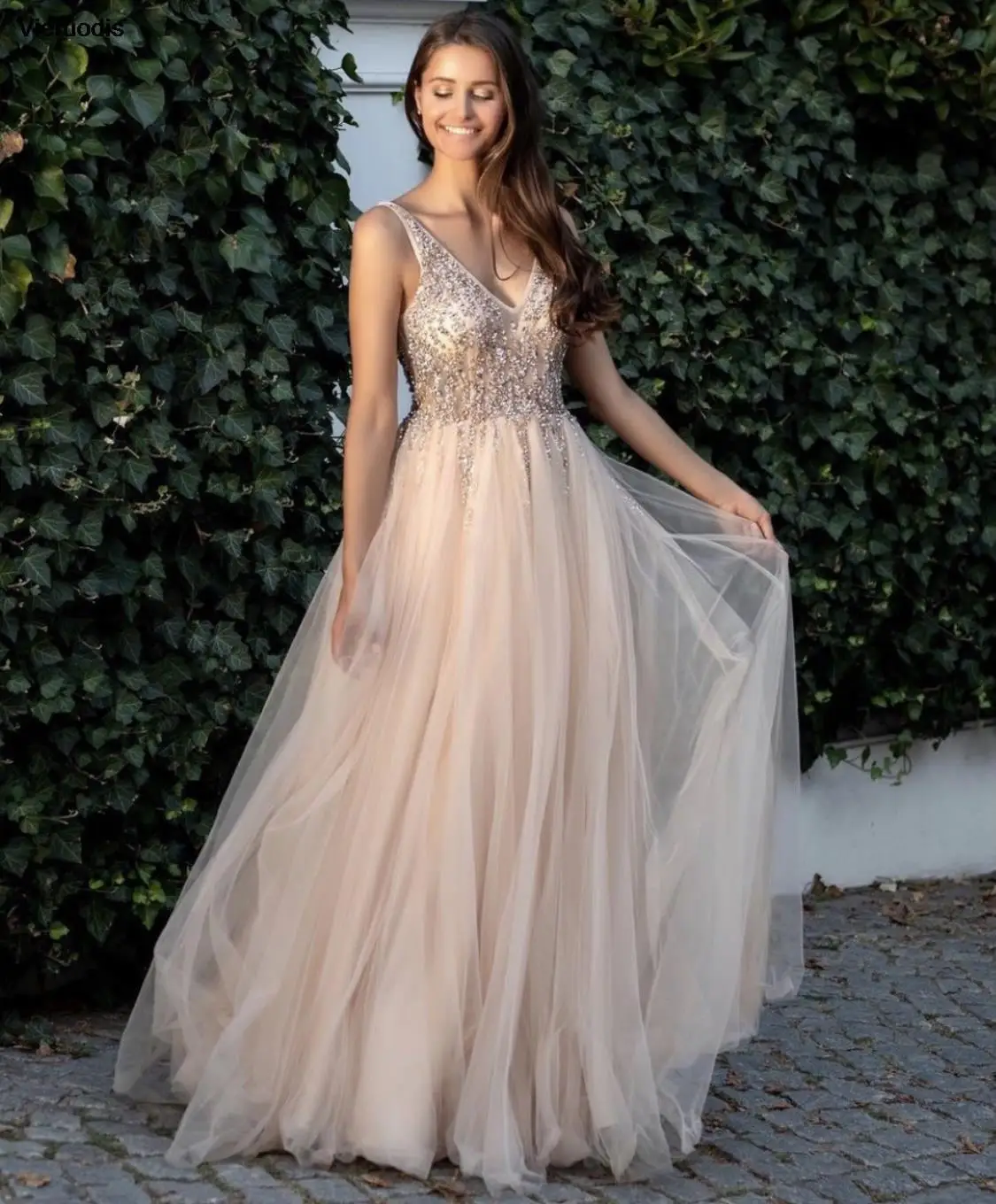 

Пыльно-розовое вечернее платье трапециевидной формы с v-образным вырезом на бретельках и открытой спиной, расшитое блестками и бусинами, тюль длиной до пола, со шлейфом, блестящее вечернее платье для выпускного вечера 2022,