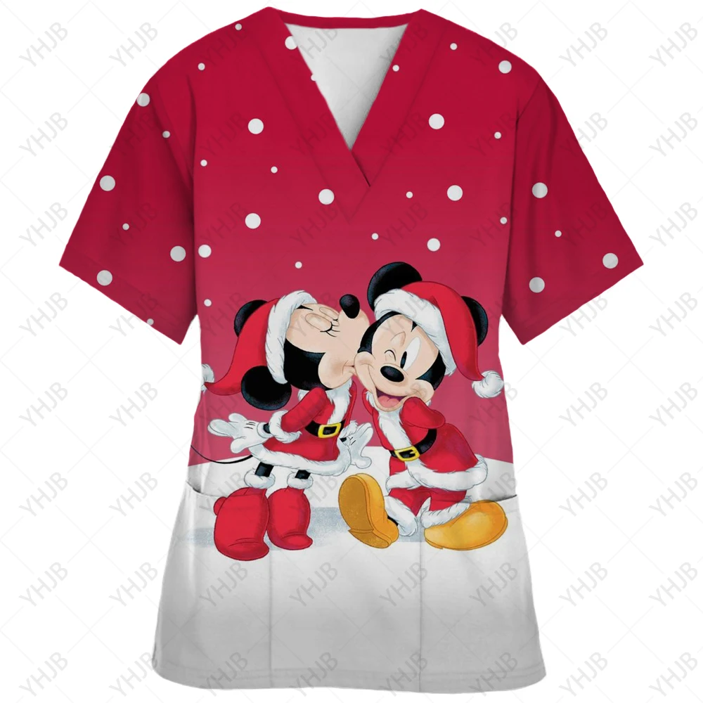 Christmas Mickey Mouse Nurse Uniform Frosted Top Women\'s Christmas Cartoon Elk Print Short Sleeve Pocket Bodysuit Uniform Medica