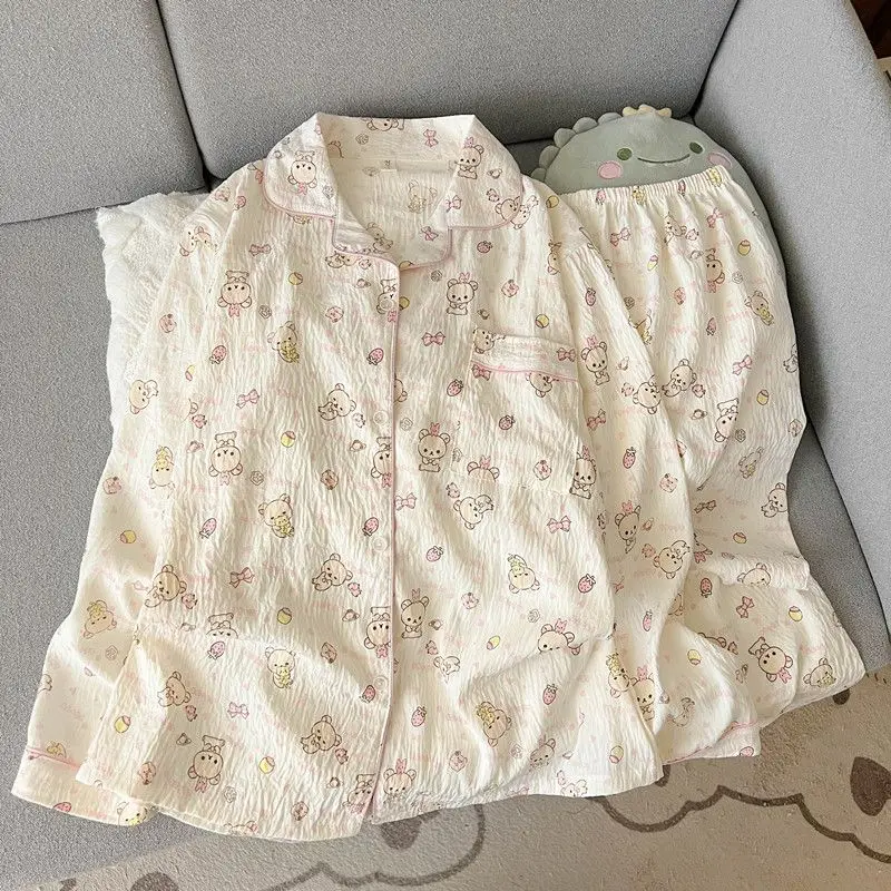 Kawaii Women's Long-Sleeve Printed Sweet Loungewear Set with Elastic Waist Pants
