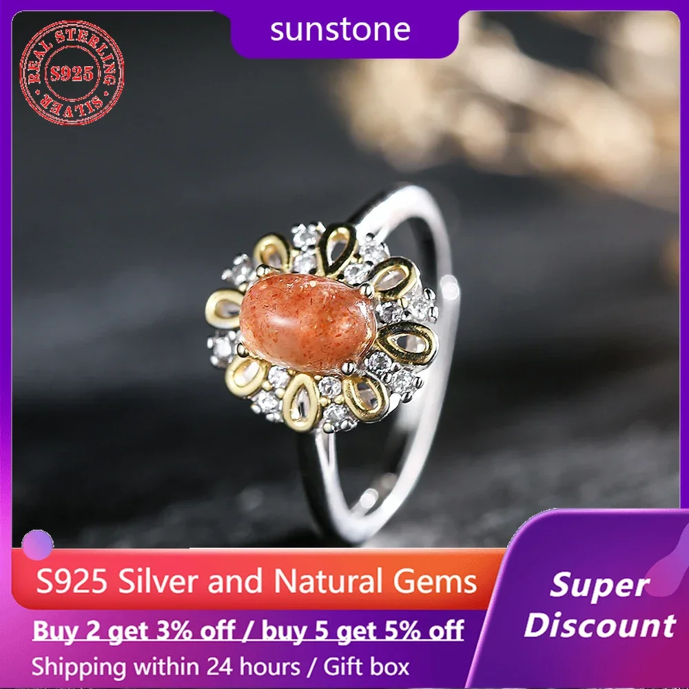 

S925 sterling silver dual tone ring with 18k gold inlaid with natural crystal sunstone for women, wedding jewelry accessories