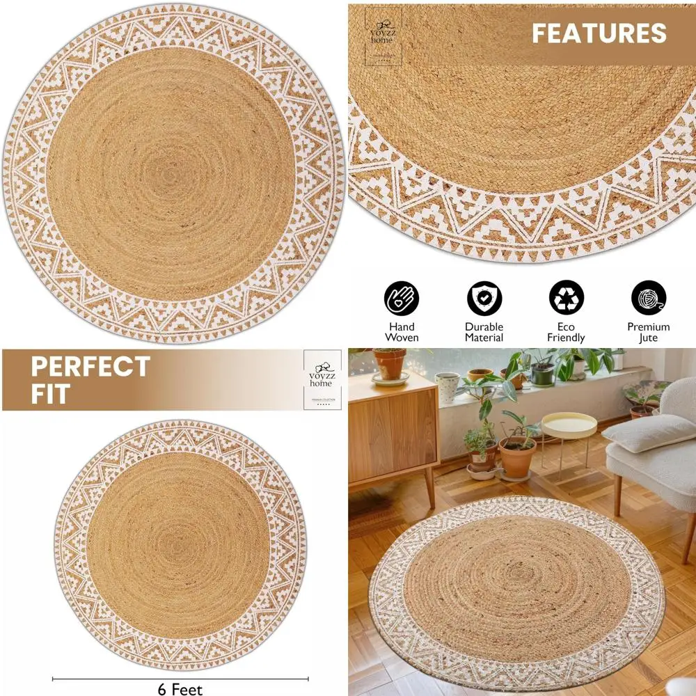 

Luxury Jute Braided Area Rug, 6 Feet Round, White Border, Stain Resistant, Natural Handcrafted Rug