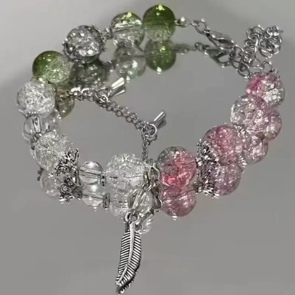 New Feather Pendant Beaded Bracelet Chinese Style Adjustable Length Crystal Bracelet Handmade Bead Bracelets for Girls Women