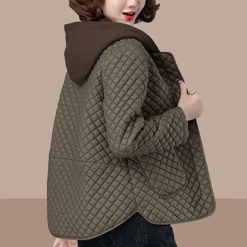 Autumn Winter Rhombus Jacket Women Lightweight Cotton Coat Fashion Middle Age Hooded Loose Spliced Pockets Female Casual Tops
