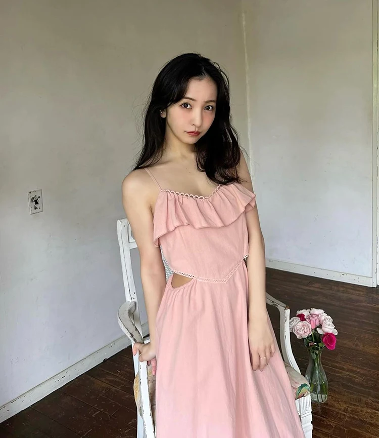 Japanese Style Fashion Elegant White Show Waist Ruffle Edge Suspender Dress Women's Summer Sweet Girls Long Casual Dresses