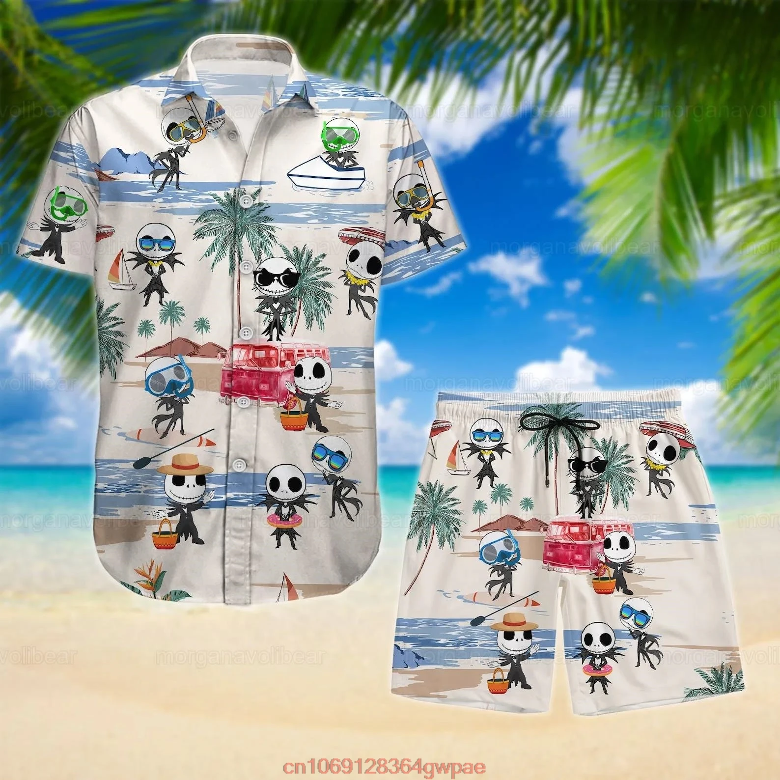 Jack Skellington Sweet Summer Vacation Hawaiian Shirt and Board Shorts Disney Fashion Short Sleeve Shirt Set Men Streetwear