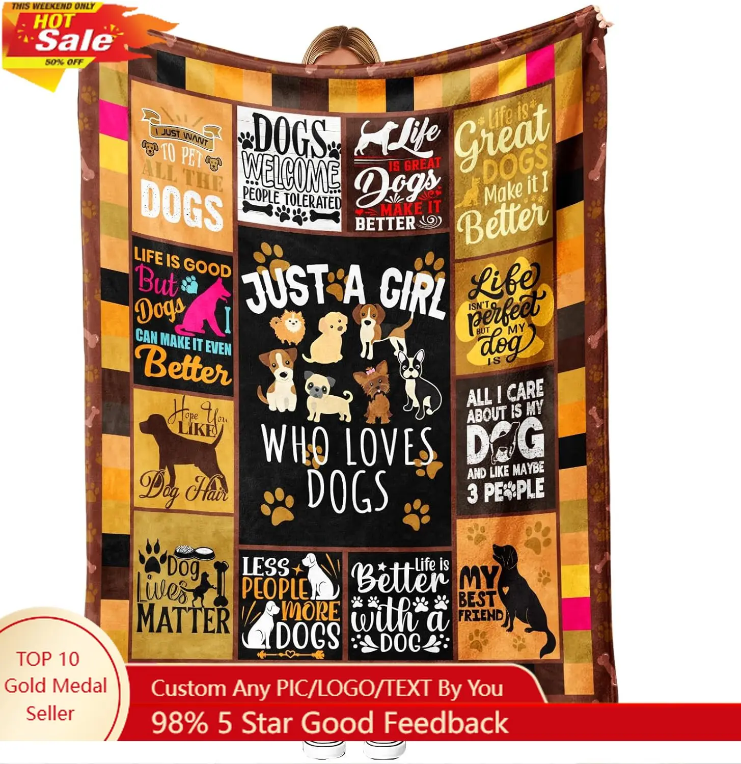 

Dog Throw Blanket Inch Flannel, Soft Lightweight Just a Girl Who Loves Dogs Puppy and Paw Print Collage Custom blankets