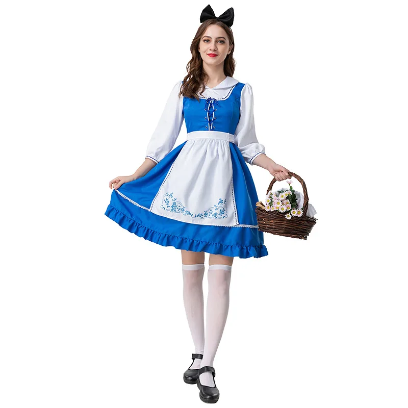 

Halloween New Women's Blue White Farm Girl Dress Cosplay Maid Waitress Costume Strap-on Design Carnival Party Stage Clothing Set